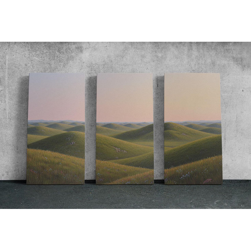 Reproduction d'art sur toile, "Serene Rolling Hills Triptych" - paysage vert paisible, art inspiré de la nature moderne, reproduction d'art