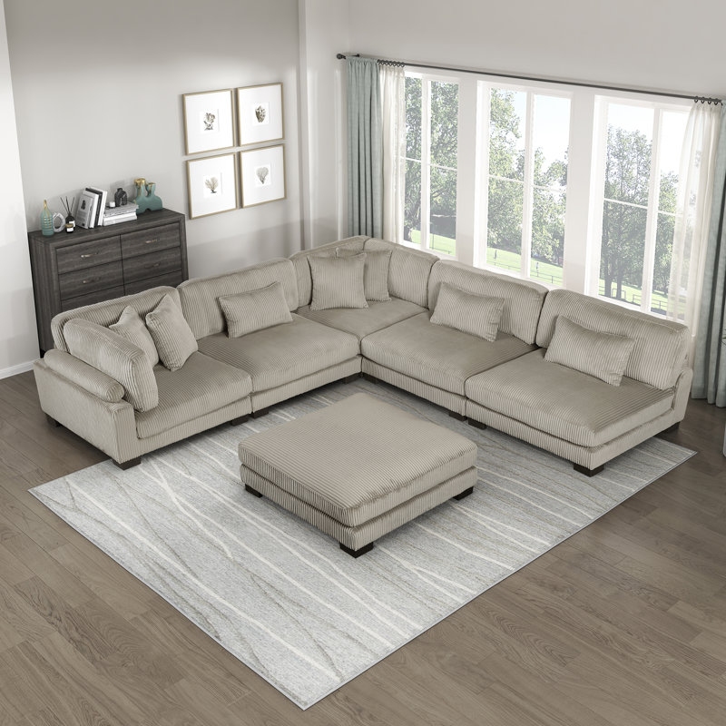 Brinsley 135" Modern Modular Sectional in Corduroy with Adjustable Back & 7 Pillows, Taupe Corduroy
