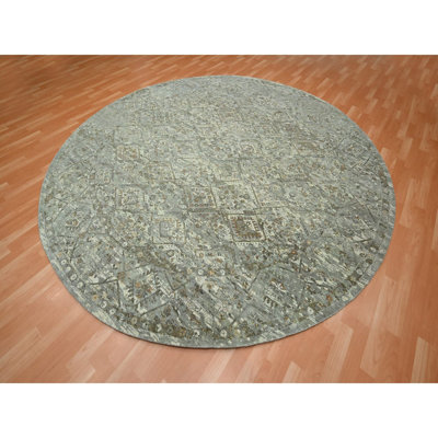 Tapis gris 10 'x 10' brumeux, effacé et cassé, noué à la main, laine naturelle, finition antique, zéro velours, court recouvert, tapis oriental