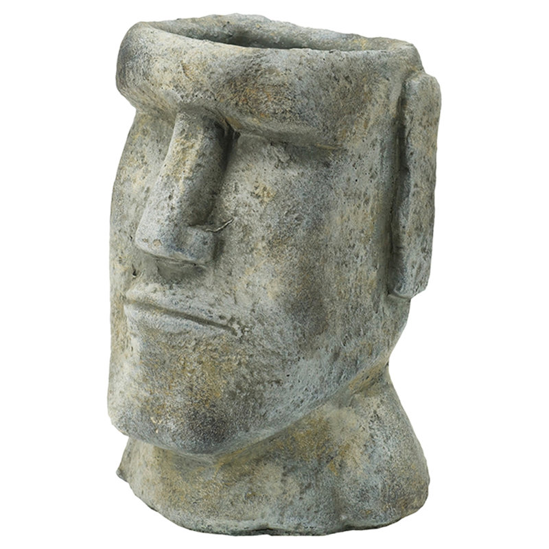 9 Inch Gray Cement Planter In Easter Island Style For Small To Medium Phlox, 5X5.5X9 Inches, 6.8 Lbs, Graceful Facial Features Begonias, Design