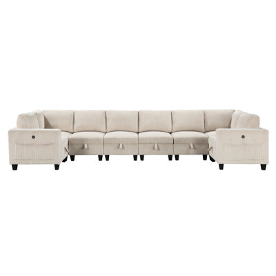 8-Piece Modular Sectional With Storage Seats, Side Pockets, Charging Ports Beige Corduroy Fabric Modern Living Room Sectional Couch Solid Wood Furniture