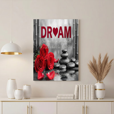 Citation de rêve avec roses rouges et pierres zen, reproduction d'art sur toile tendue sur toile, ensemble de 1