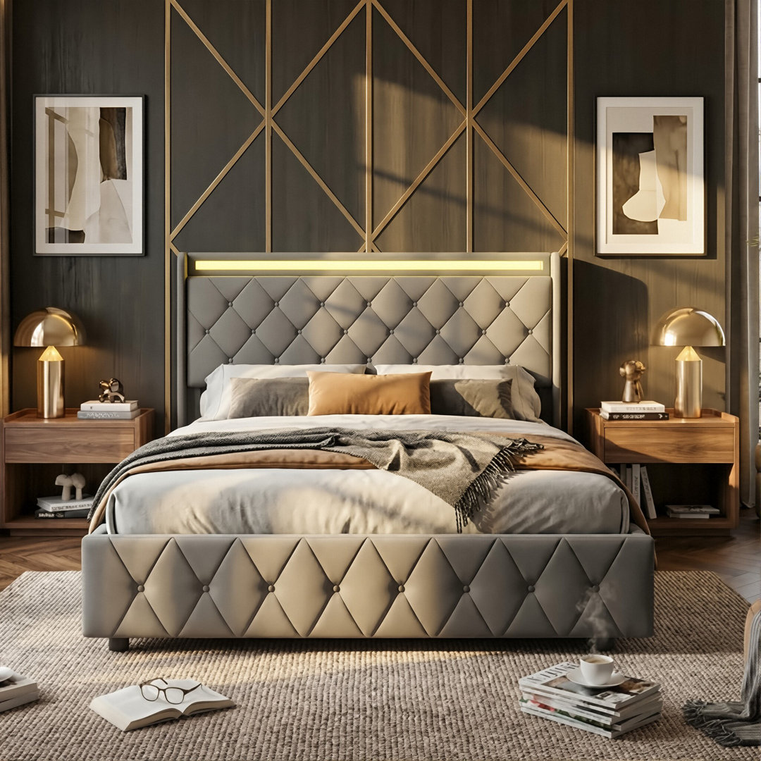 Smart Velvet Bed Frame with LED Charging Headboard, Tufted Upholstered Frame with Storage Drawers, Grey/Beige in Multiple Size (EU Single, Double & Ki