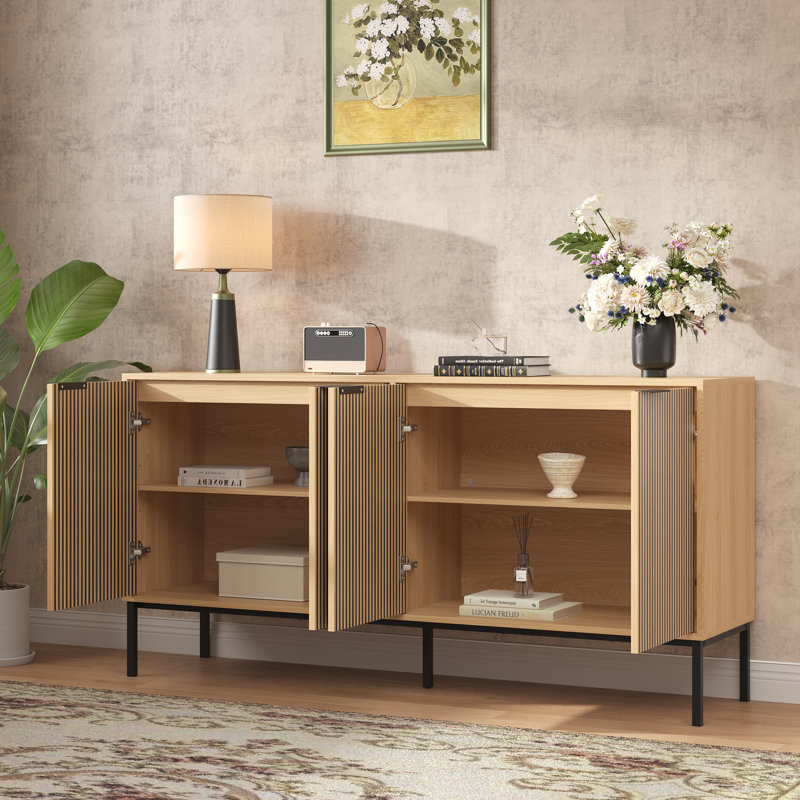 Armoire de rangement cannelée moderne, buffet, buffet de cuisine, meuble télé avec porte, tablettes réglables et anti-basculement