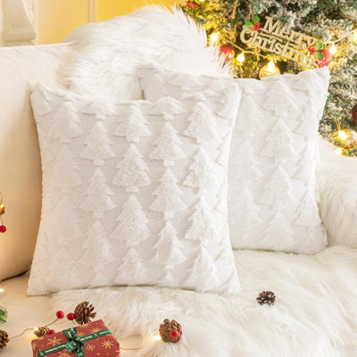 Ensemble de 2 housses de coussin pour sapin de Noël de 18 po x 18 po, couvre-oreillers en fausse fourrure en forme d'arbre de Noël 3D pour canapé, canapé, salon, décoration de vacances d'hiver, maison de campagne (blanc)