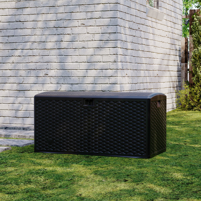 Large Capacity Outdoor Deck Storage Box, 99gal Brown Resin Wicker Weatherproof Container, Durable Storage Bin for Patio, Garden, Poolside Use