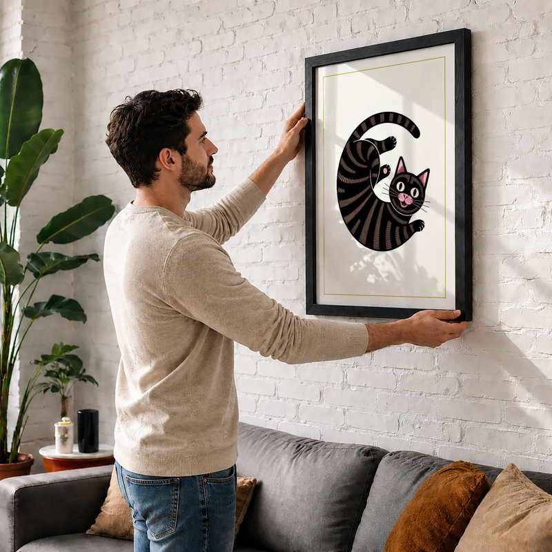 Striped Cat Crescent Retro - Framed Print, Unframed, A2 - 59.4 x 42.0 cm