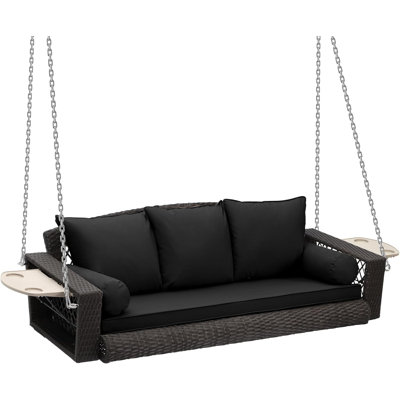3 Person Porch Swing Patio Wicker Hanging Porch Swing Chair Outdoor Rattan Swing Bench With Cushion And Pillow For Garden, Yard, Lawn, Rattan Black Cushion