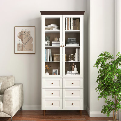 Armoire de rangement blanche en panneau de fibres à densité moyenne blanche, grands armoires de cuisine avec portes en verre et tablettes réglables, armoire de rangement autoportante pour la cuisine, le salon
