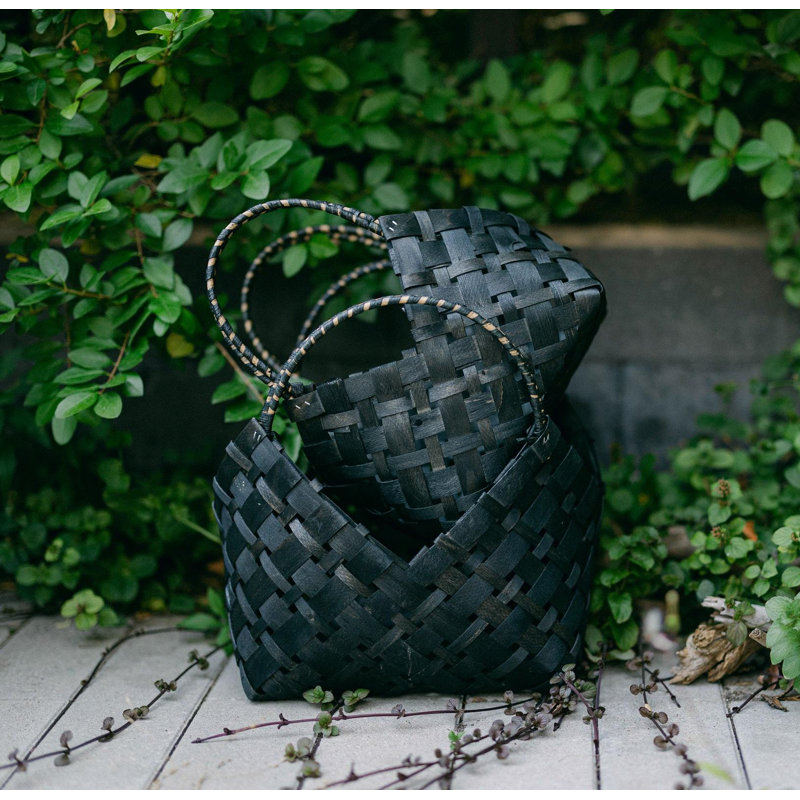 Set of 3 Black Woven Rattan Storage Baskets with Handles