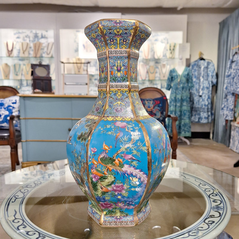 Hexagonal Porcelain Vase with Birds and Flowers