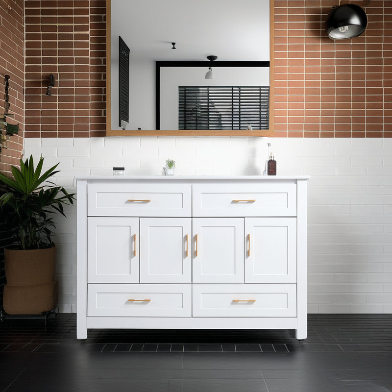 Meuble-lavabo de salle de bain avec lavabo en céramique, 4 portes à fermeture douce et 4 tiroirs, Blanc