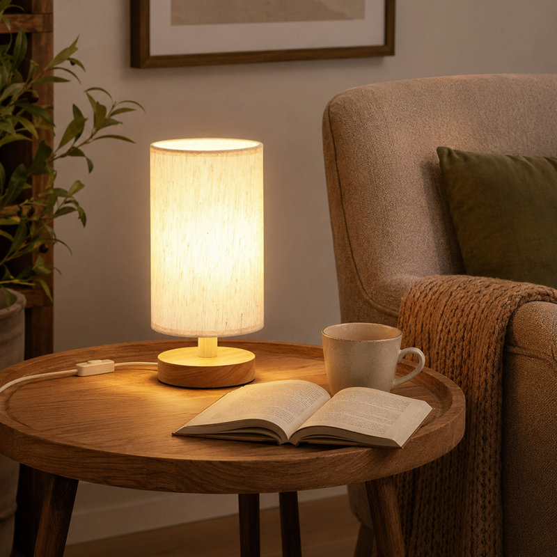9'' Small Table Lamp, Cream Fabric Shade and Wood Base