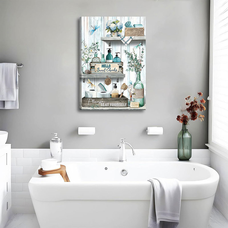 Farmhouse Bathroom Canvas Wall Art Blue Rustic Dragonfly And Flower Wall Decor Pictures Bathroom Please Seat Yourself Sign Poster Prints For Toilet Home Decoration Ready To Hang