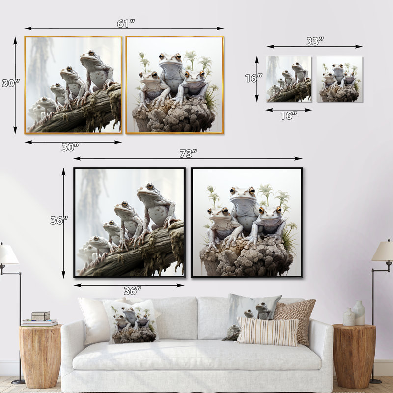Minimalisme Frog Family Harmony - Ensemble de 2 collages carrés grenouilles et crapauds, Cadre flottant noir