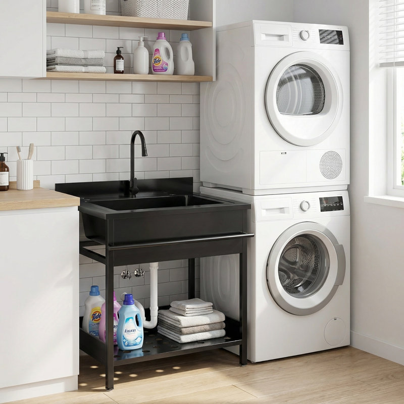 Utility Sink, 304 Stainless Steel Free Standing Sink With Cold And Hot Water Pull-out Faucet, Heavy Duty Laundry Sinks For Workshop, Laundry Room, Garage, Greenhouse, Pet Care