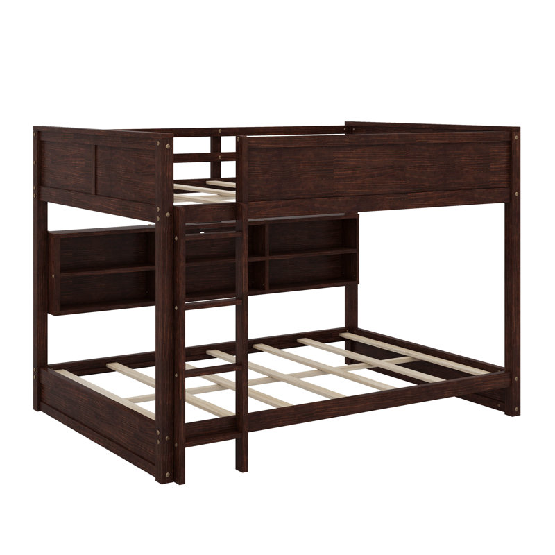 Queen Over Queen Bunk Bed With Built-In Storage Cabinets And Charging Station, Brown
