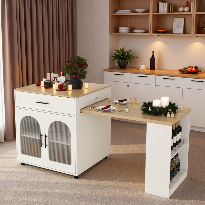 Expandable Kitchen Island With Dining Table, Power Outlet, 2 Drawers, Open Shelves And Movable Wheels, White