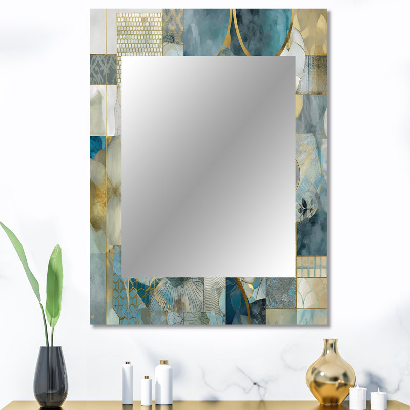 Golden Blue Marble Floral Design II - grand miroir mural floral, miroir décoratif traditionnel, impression d'art en métal