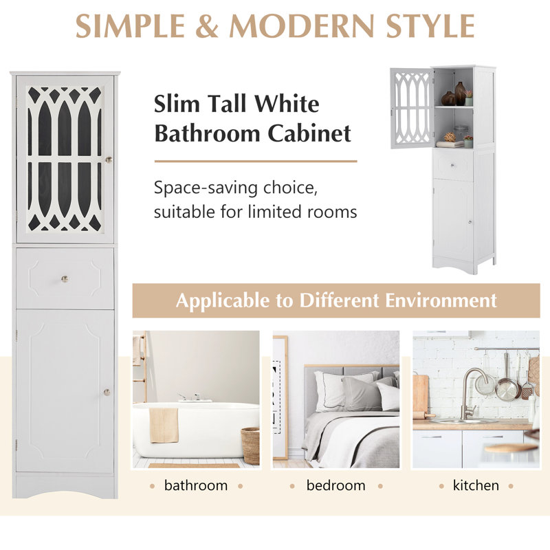 Freestanding Cabinet For Bathroom - Tall, White With Door And Drawer Storage Doors, White