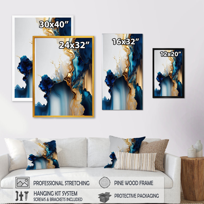 Géode abstraite, marbre doré et bleu I - Art mural abstrait en marbre, L 24 po x H 32 po, Toile tendue