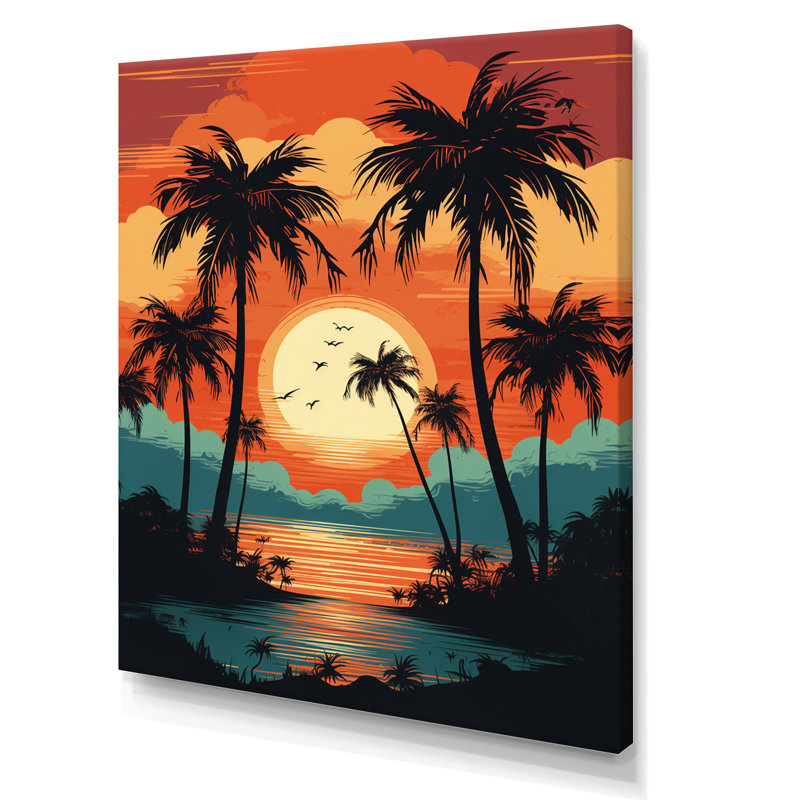 Soleil couchant sur des palmiers, illustration rétro sur toile, H 32 po x l 24 po, Toile tendue