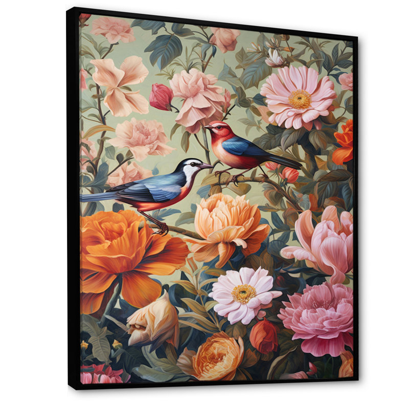 Peinture d'oiseaux tropicaux au paradis, H 40 po x l 30 po x P 1,5 po, Cadre flottant noir