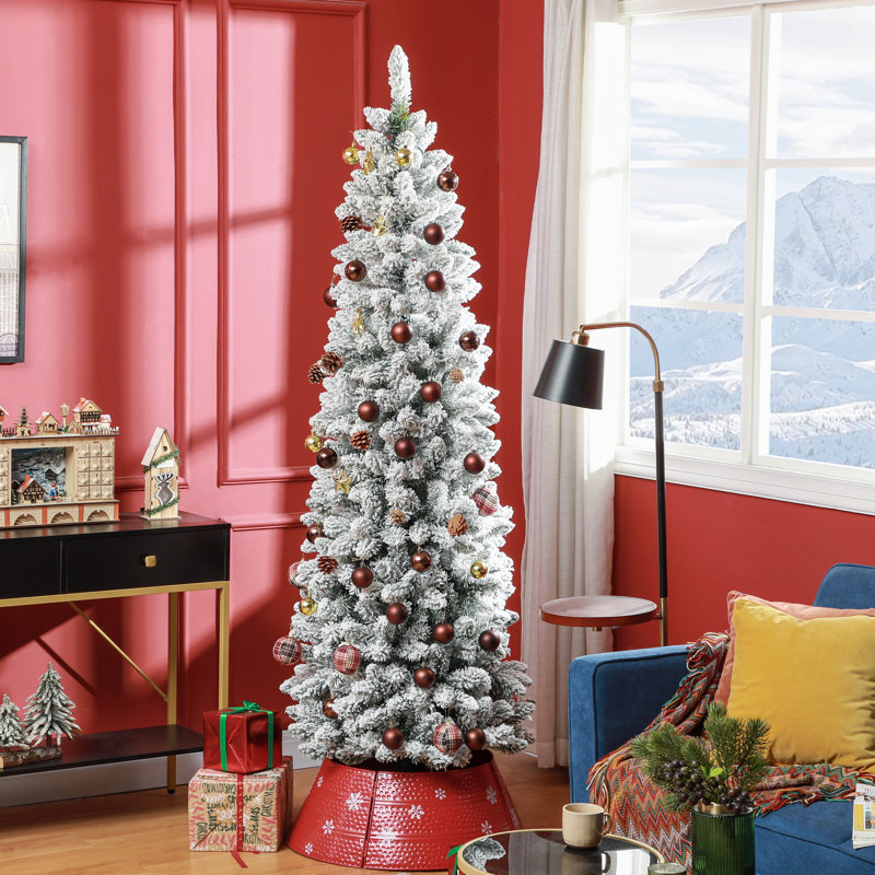 Arbre de Noël artificiel floqué avec base en acier, vert, 7'