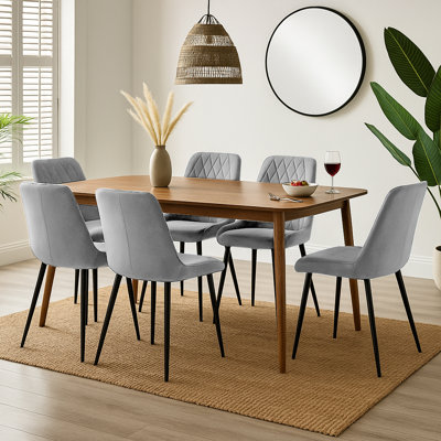 Drea Solid Wood Walnut Effect Dining Table With 6 Simsbury Luxury Velvet Upholstered Dining Chairs