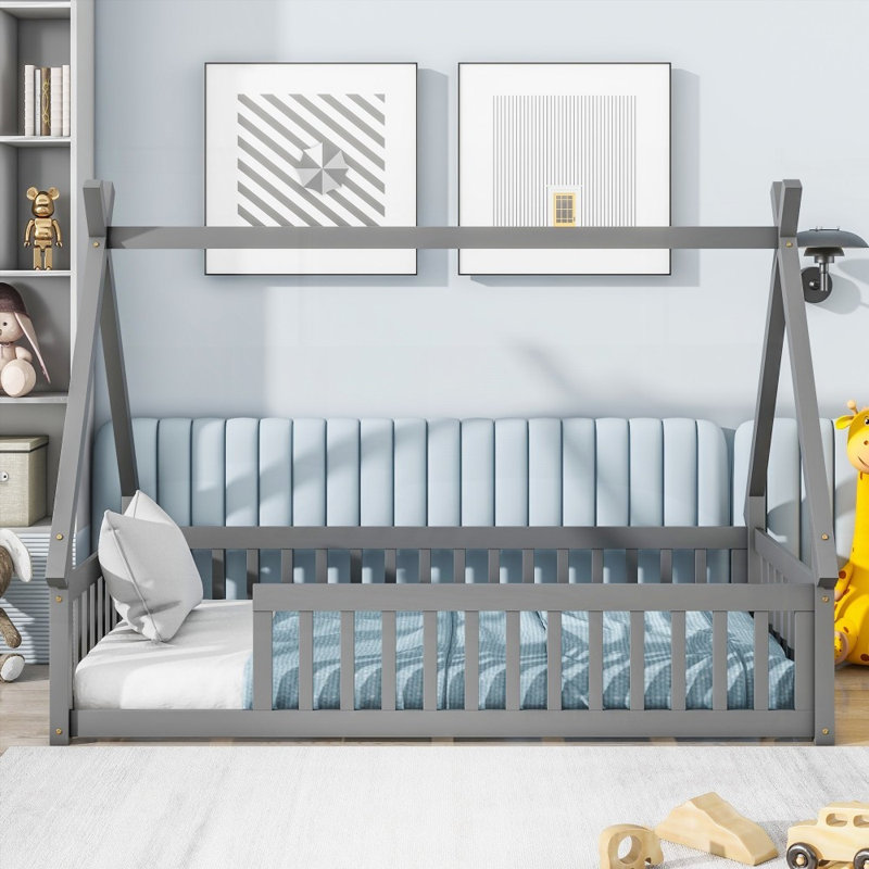 Lit de sol Huybert avec design en forme de tente et garde-corps, sans sommier, gris, gris