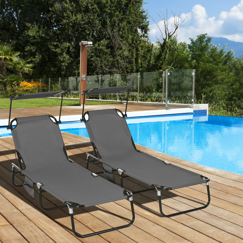 Folding Chaise Lounge Pool Chairs, Outdoor Sun Tanning Chairs With Canopy Shade, Reclining Back, Steel Frame And Side Pocket For Beach, Yard, Patio