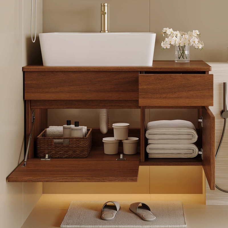 Petit meuble-lavabo flottant simple 31,5 pouces avec lavabo, Noyer