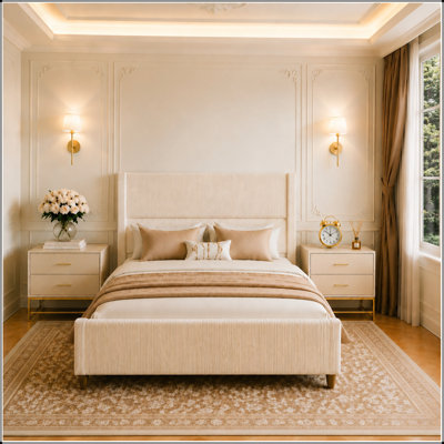 Structure de lit de luxe pleine grandeur avec tête de lit rembourrée, dossier à oreilles très haut, rayures verticales et lattes en bois massif robuste, sans sommier tapissier, beige