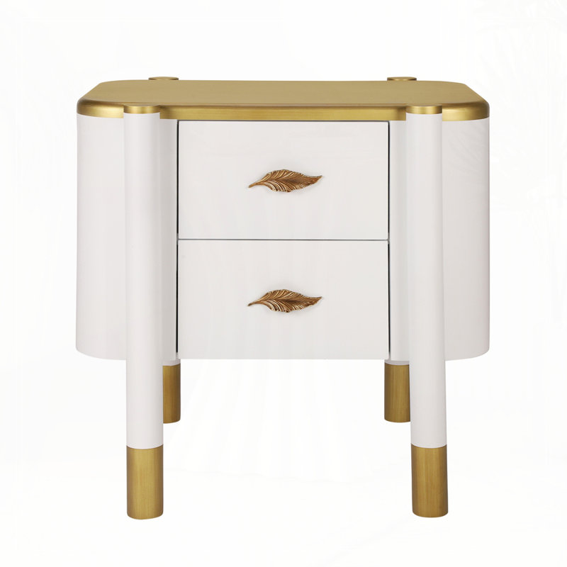 Table de chevet 2 tiroirs avec profil incurvé, table de chevet avec poignées en forme de plumes en métal et pieds exposés