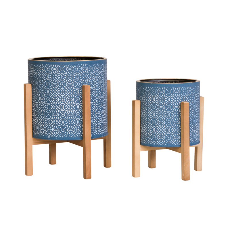 Saphira Glam Indoor Metal Pot Planter 4-Leg Wood Base - Set