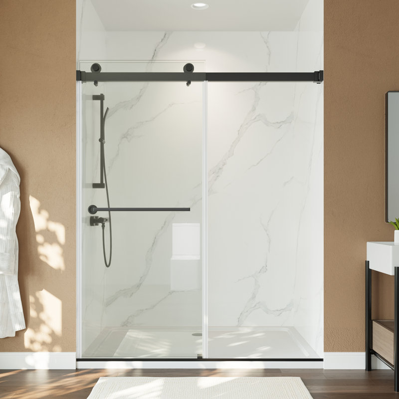 Sliding Shower Glass Door ,Certified Thick Clear Clear Tempered Glass, Matte Black