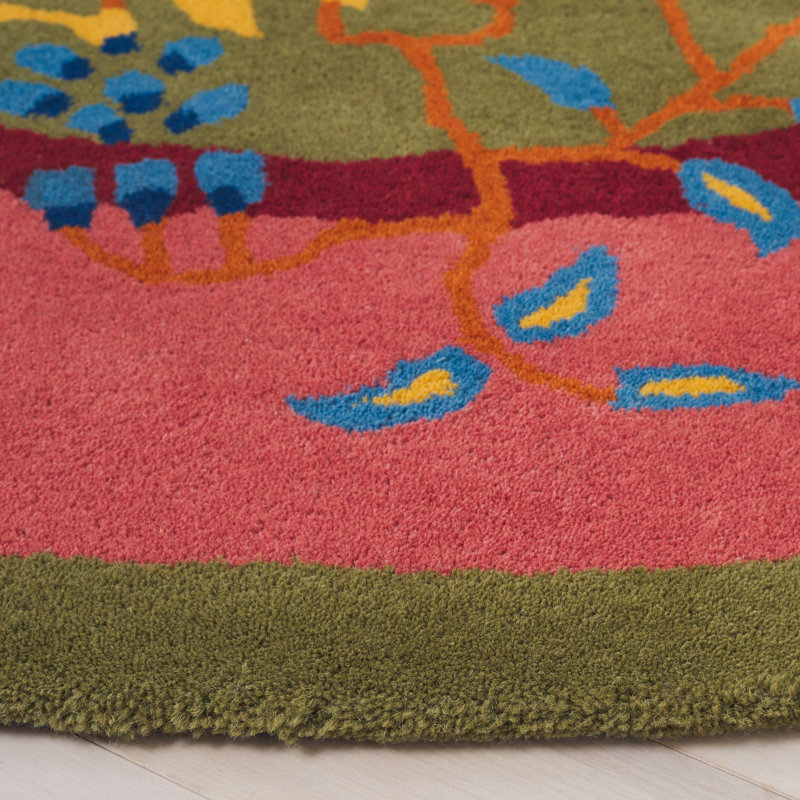 Anticur Hand Tufted Wool/Cotton Floral Rug in Green/Pink, Round 6"