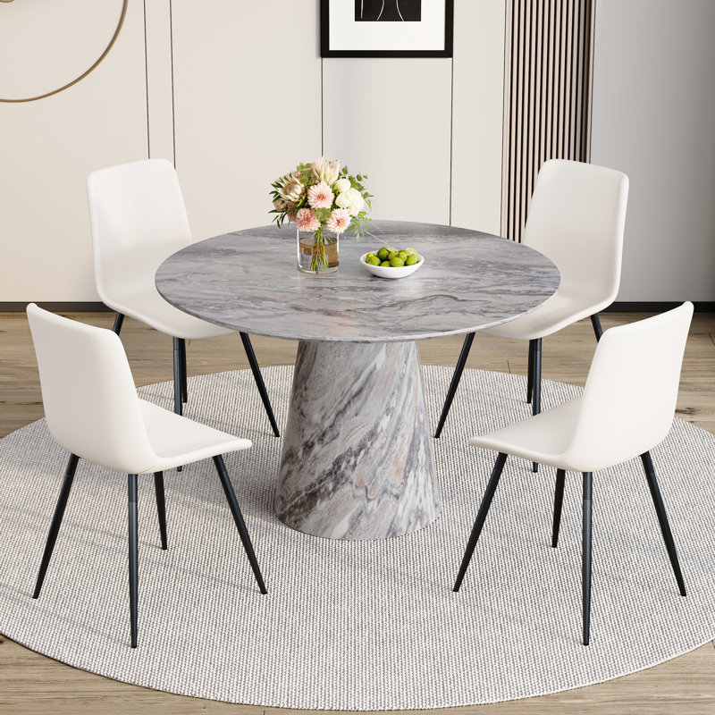 45'' Round Dining Table Set With 4/6 Upholstered Chairs, White, 5 Pieces: Table, 4 Chairs