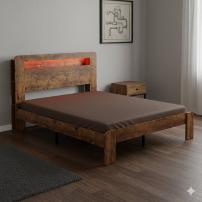 King-Sized Wooden Platform Bed Frame Incorporating A Storage Headboard With LED Lighting And Two USB Ports. It Operates Silently, Requires No Box Spring, And Includes Easy Assembly Tools. Offers Generous Under-Bed Storage In A Dark Brown Finish.
