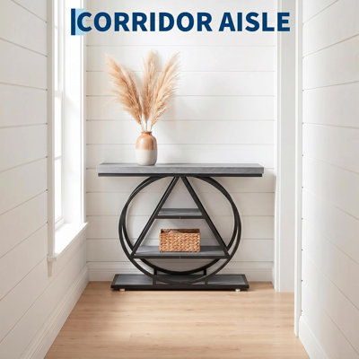 Console étroite à 4 niveaux (100 cm) avec étagères ouvertes – Structure en fer et bois de fer de style industriel – Gris