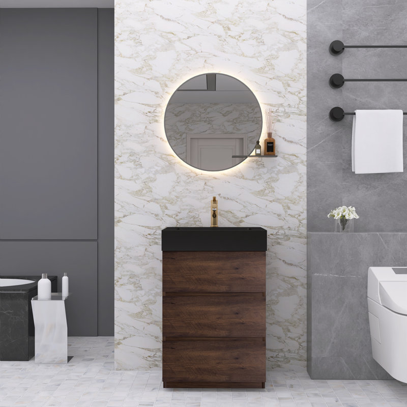 Ensemble de meuble-lavabo simple 24 po Natina, Noir mat, Noyer