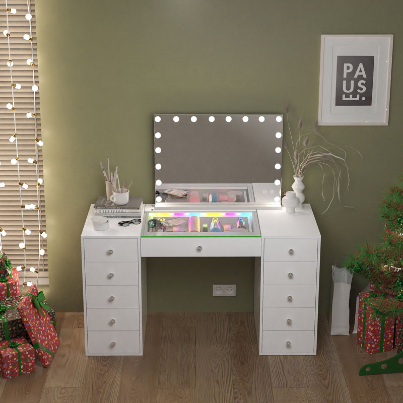 Bureau de coiffeuse avec miroir DEL, table de coiffeuse avec bande de lumières RVB, miroir de coiffeuse Hollywood avec 18 ampoules DEL et haut-parleurs Bluetooth, coiffeuse de maquillage de 51,2 po avec 11 tiroirs, luminosité réglable