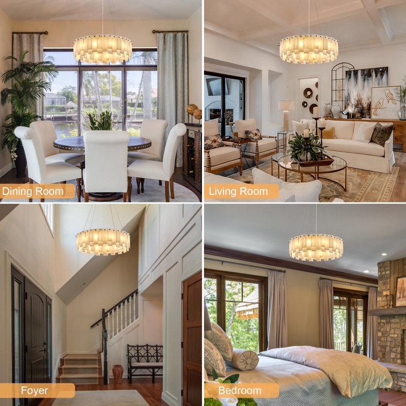 23.6" 10-Light Round Alabaster Kitchen Island  Gold Chandeliers(Bulbs Included), 10, 6.3" H x 22" W x 22" D