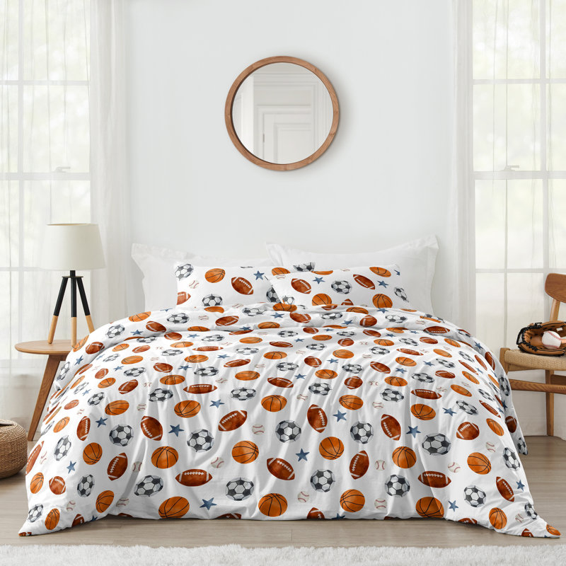 Full White Microfiber Boys' Sports Theme Bedding Set