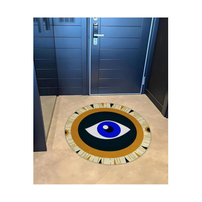 Black Theme Blue Eye Patterned Round Woven Base Modern Decorative Carpet