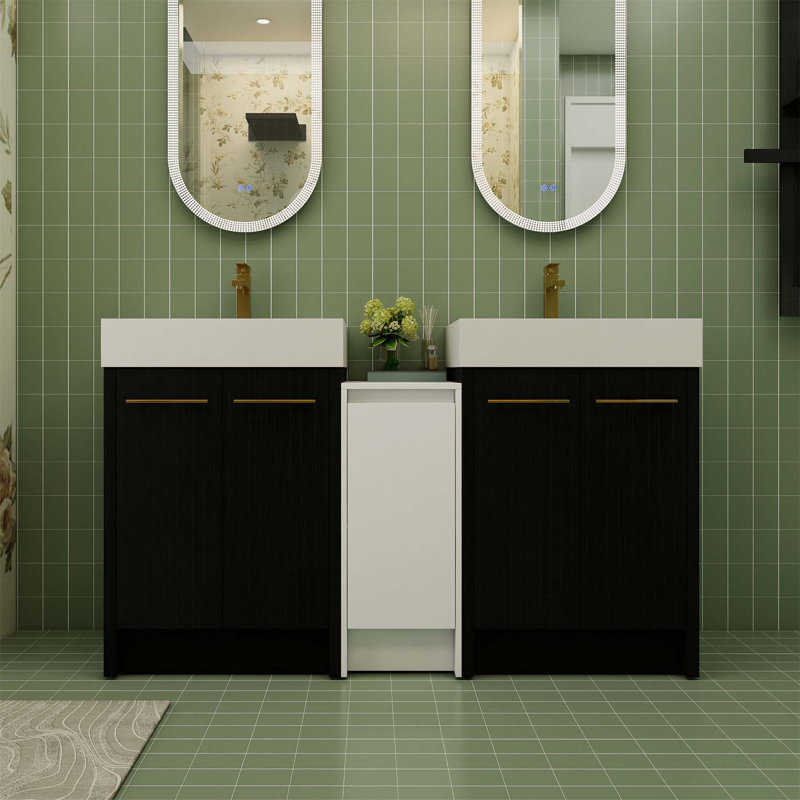 Meuble-lavabo autoportant avec lavabo en résine et armoires de rangement, avec porte à fermeture douce