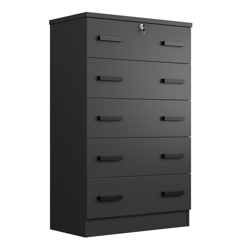 Basurto 5 Drawer Chest Wooden Dresser with Lock, Black