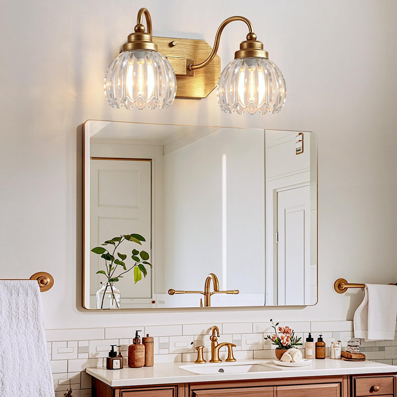 Mid Century 2-Light Crystal Glass Wall Sconce, Matte Vintage Bathroom Vanity Light Fixture, Gold