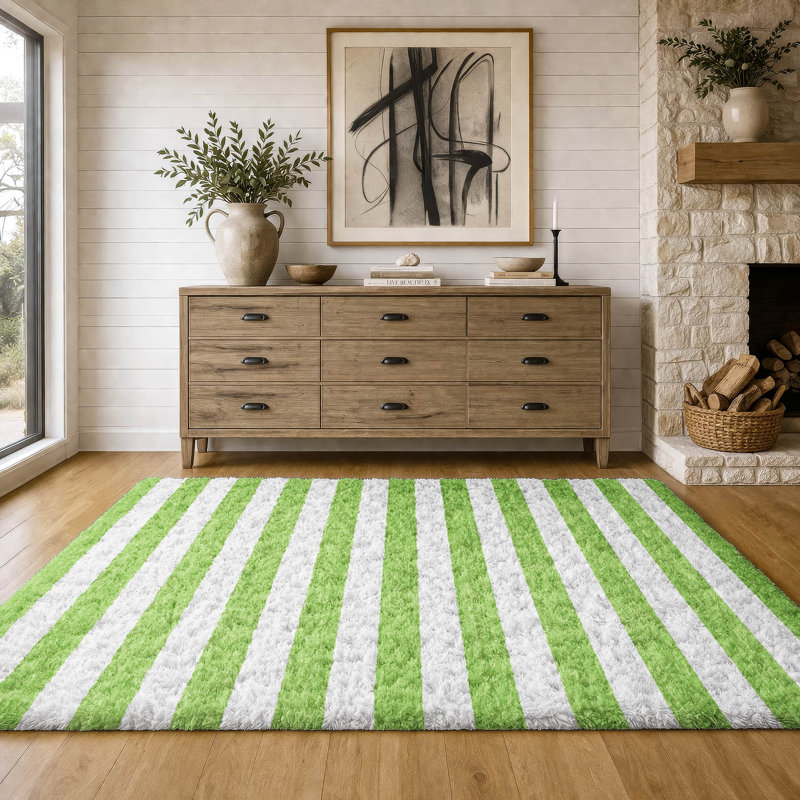 Premium Machine Washable Dream Shag ADS528 Striped Rug, 3' x 5', Lime