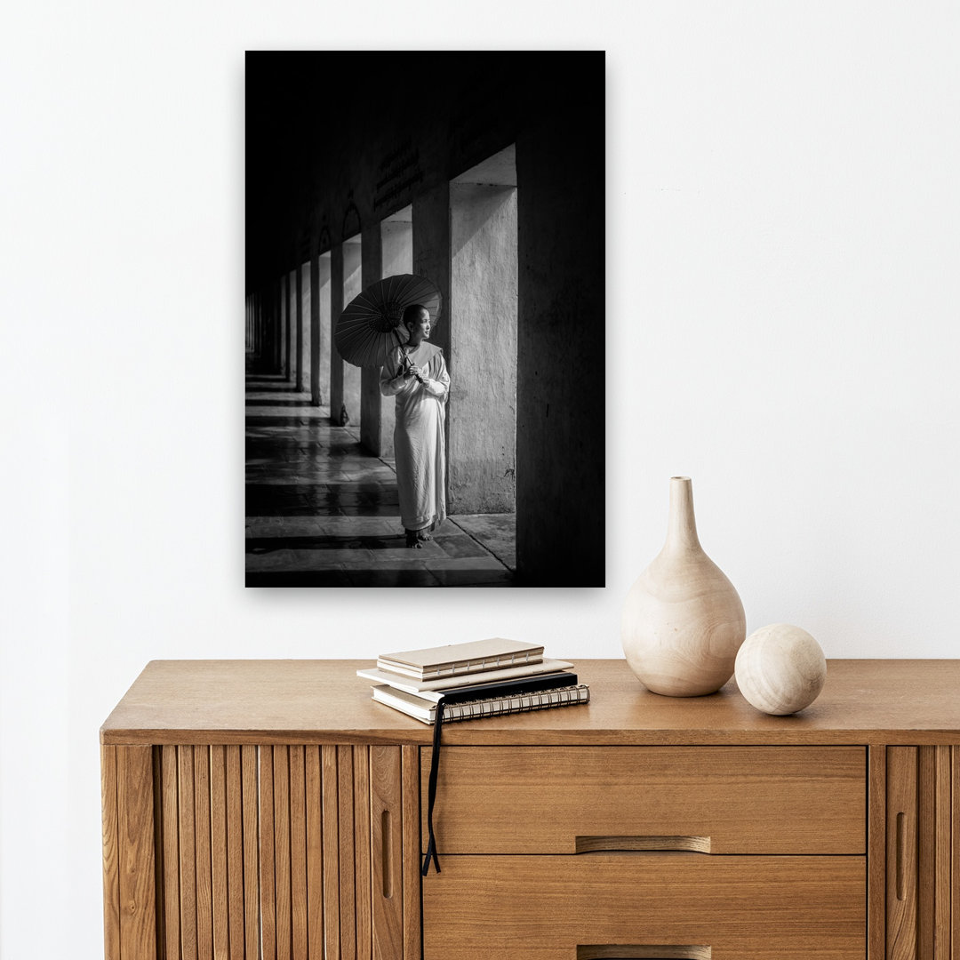 Monk In Temple Peaceful Serene Traditional Architecture Portrait Wall Art Print